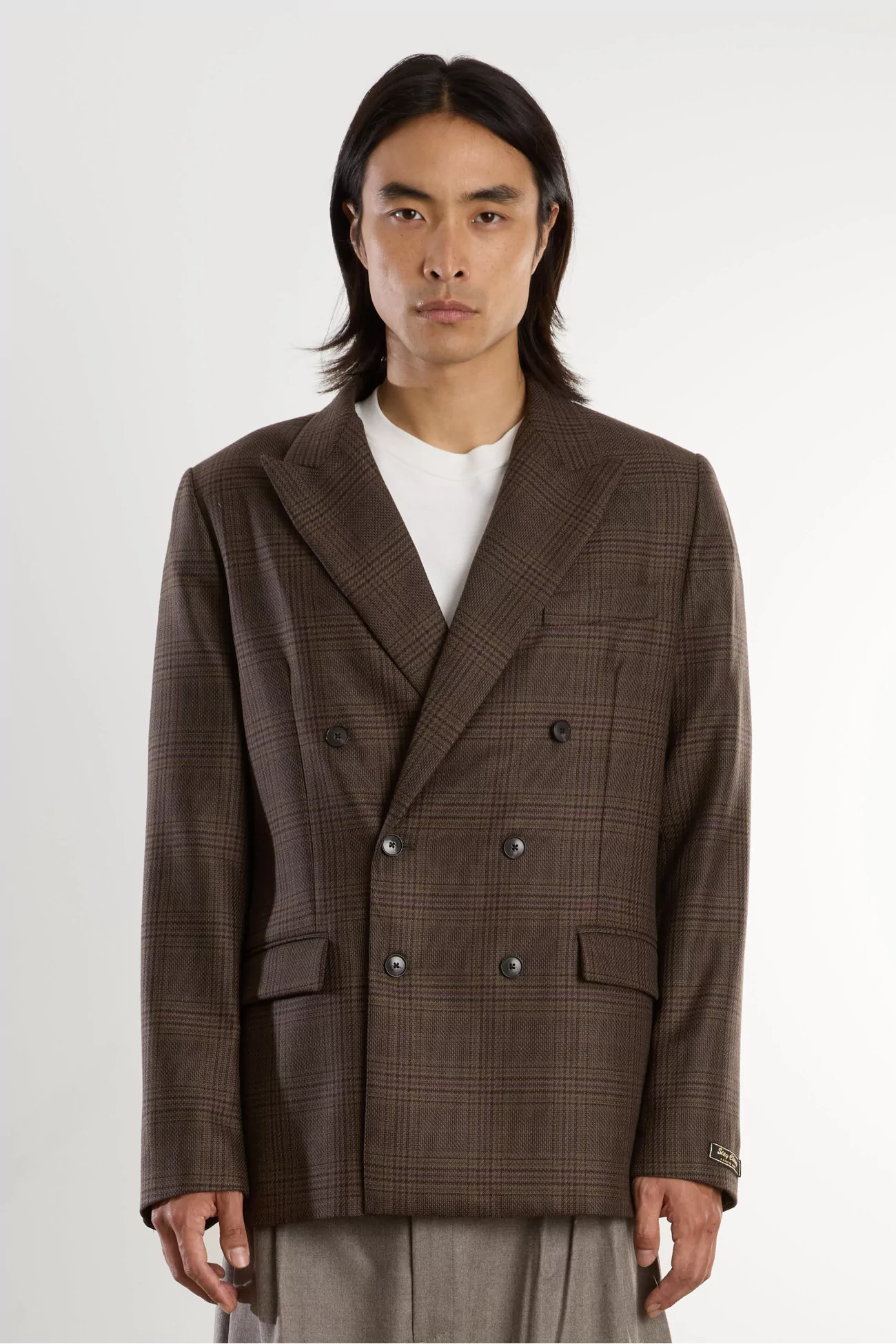 Linen Double Breasted Peak Blazer – Syrah Check | Centre Commercial